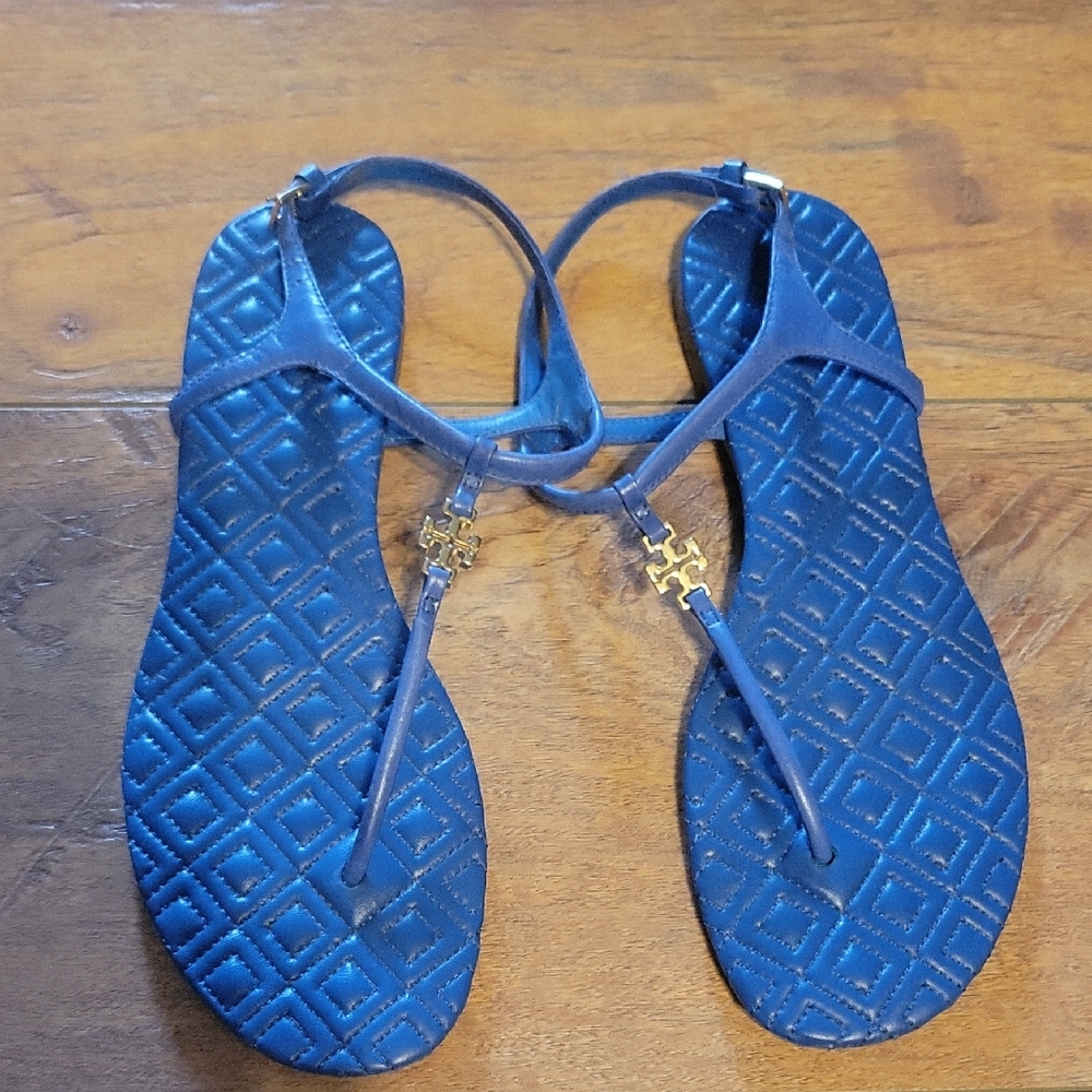 Tory Burch sz 7 Marion Fleming quilted blue leather sandals